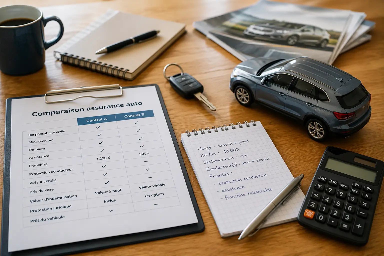 Tableau comparatif d'assurances auto avec clés de voiture, calculatrice et notes de profil conducteur