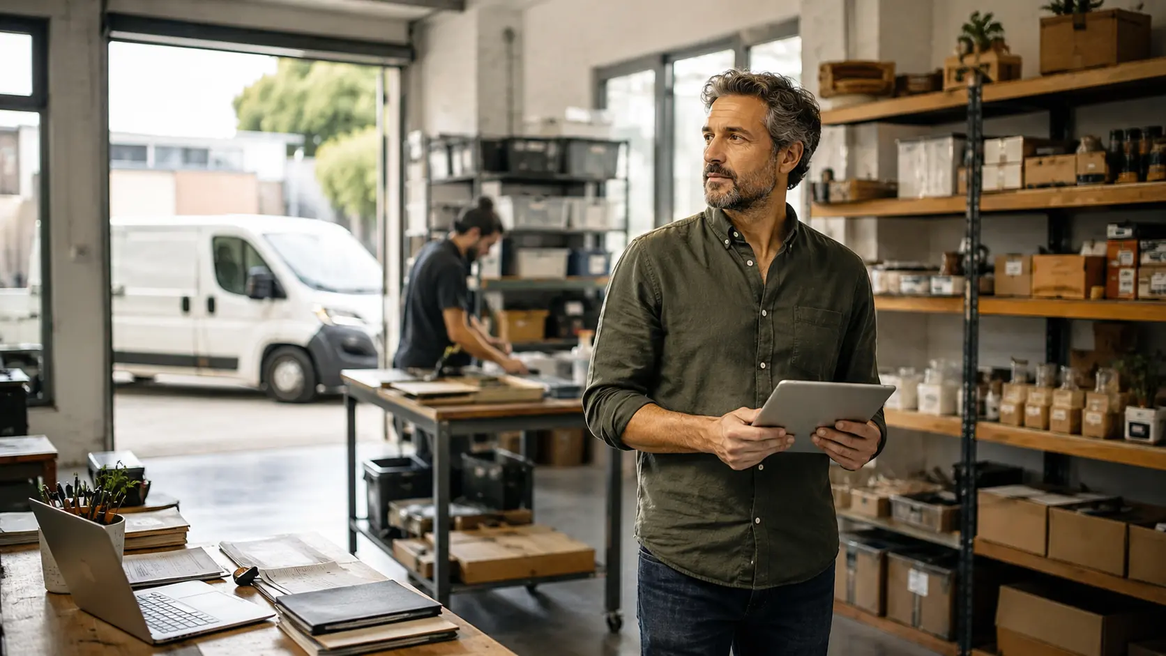 Indépendant gérant son atelier et vérifiant ses assurances professionnelles sur tablette