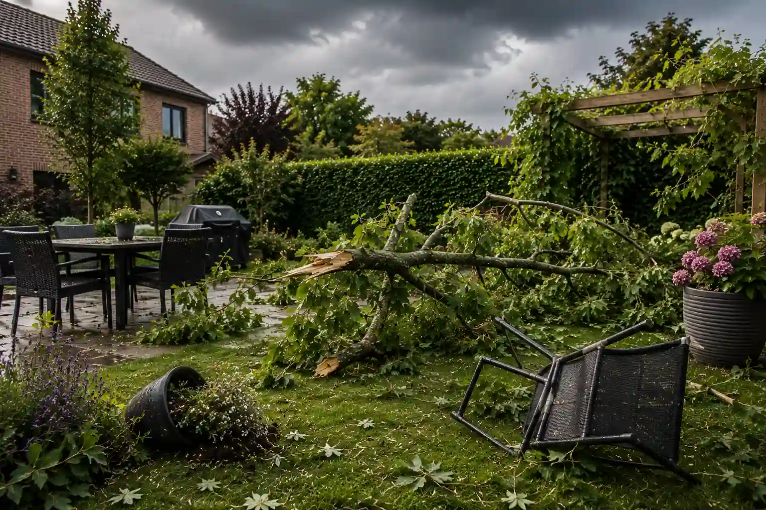 Jardin en Brabant wallon après une tempête : arbre déraciné, mobilier renversé et pots cassés